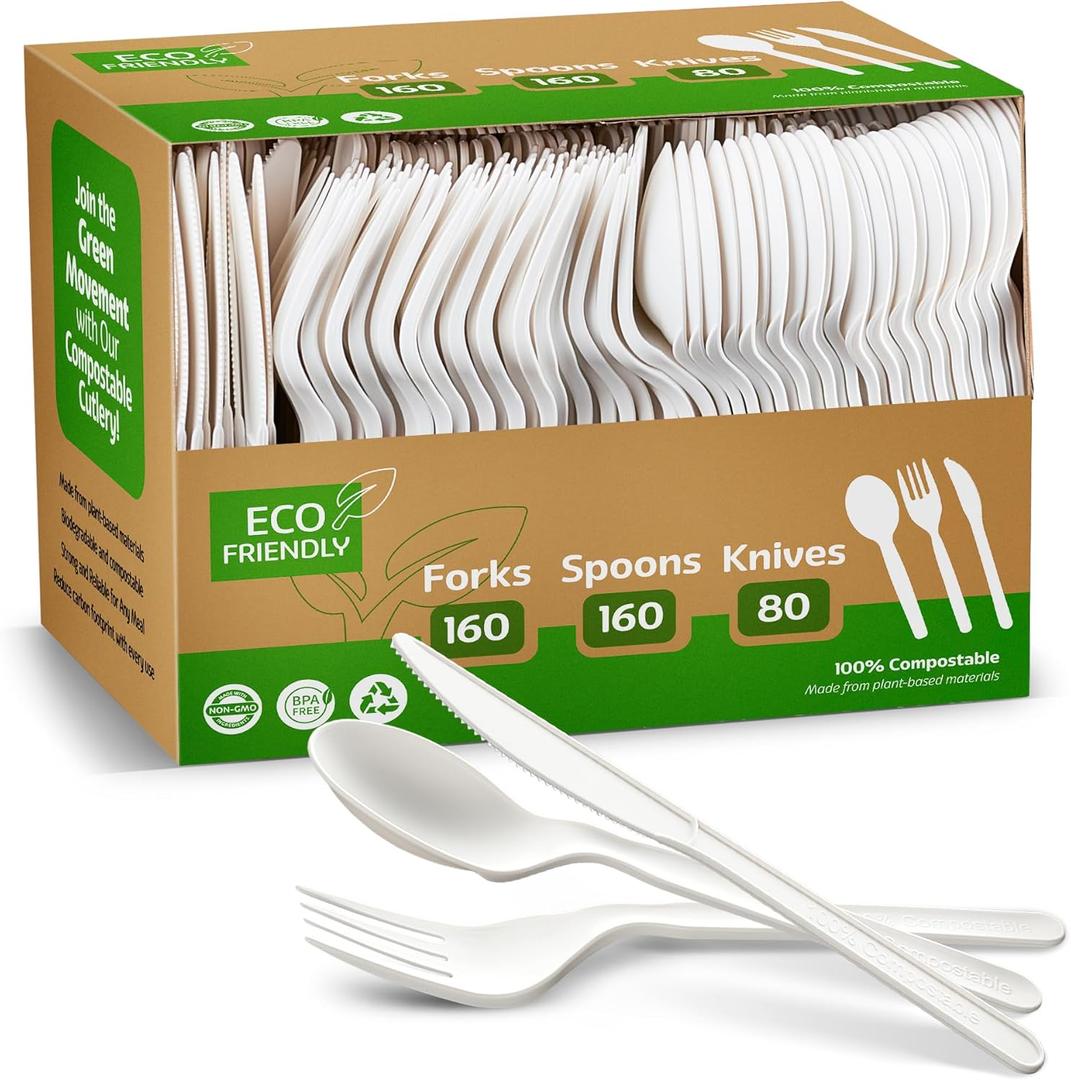 Elegant Disposables 100% Compostable PLA Combo Cutlery Set Disposable Plastic Forks Spoons Knives 400 Pcs Biodegradable Utensils
