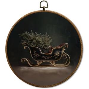 JUIOEIU Vintage Christmas Sleigh Round Wall Decor, Moody Christmas Framed Canvas Prints, Dark Rustic Winter Xmas Sleigh Wall Art Hanging Decorations for Home Bedroom Living Room Decor, 10x10in
