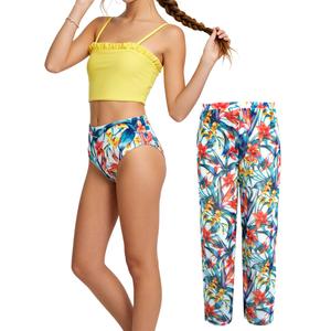 Glorycat Girls Swimsuit Tankini Set, 3-Piece Ruffle Top, Boyshorts & Printed Long Pants, Adjustable Straps, 4-Way Stretch Polyester Elastane, Precision Stitching, Beach Pool Water Park 4-10Y