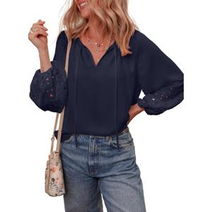 EVALESS Womens Tops Dressy Casual V Neck Long Sleeve Hollow Out Embroidered Blouses Shirts Spring Summer Outfits 2025 (Black, S)