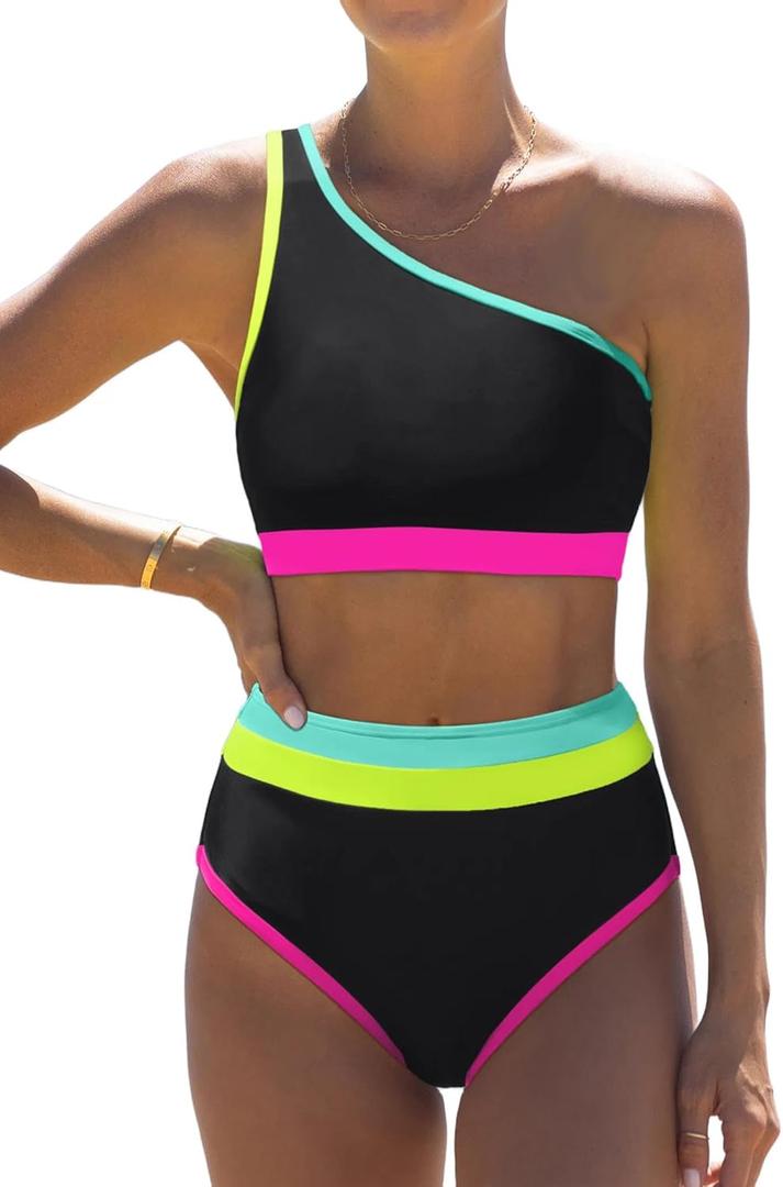 popvil Women's One Shoulder Swimsuit : Neon 2 Piece High Waisted Bikini Sets Cute 2026 Color Block Bathing Suit (S)