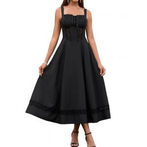 GLNEGE Women's Corset Midi Wedding Guest Dress A line Flowy Lace Dresses Summer Smocked Back Tea Party Sundress Black (Black, XS)