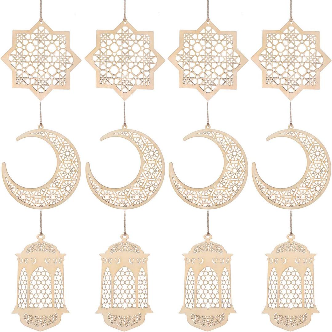 WILLBOND 12 Pcs Wood Ramadan Decorations Eid Decorations Islam Mubarak Wooden Ornaments Mubarak Hanging Hollow Pendant Ramadan Party Eid Al Adha Ornaments Moon Star Lantern for Muslim Islam Festive