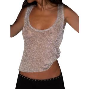 Women Sexy Fishnet Knit Glittering Scoop Neck Crop Tank Going Out Top Sheer Mesh Solid Slim Cropped Vest Cami Tops, Large