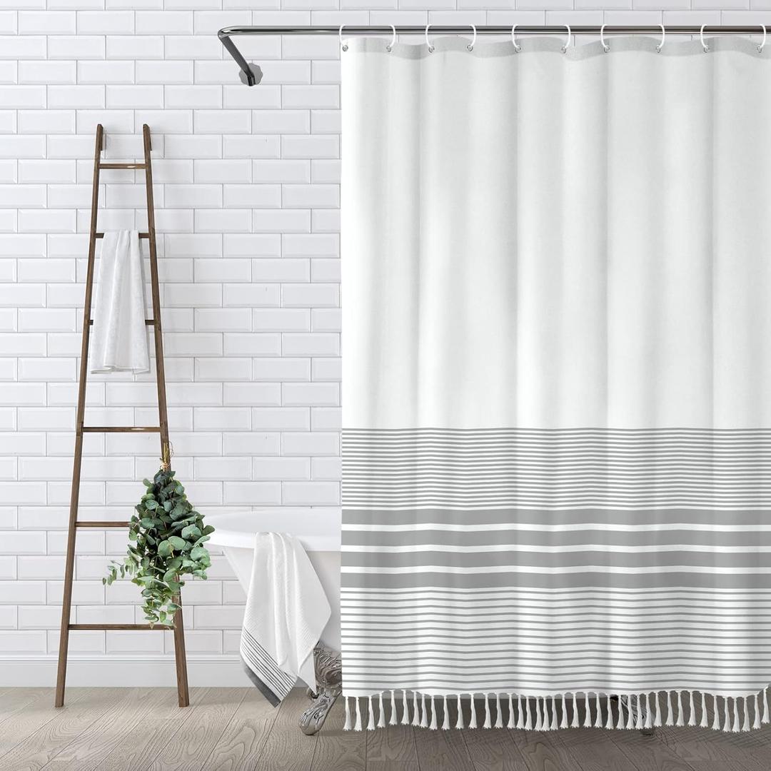 Awellife Boho Gray Shower Curtain for Bathroom Farmhouse Natural Linen Stripe Tassel Shower Curtain 72 X 72 Inches Grey