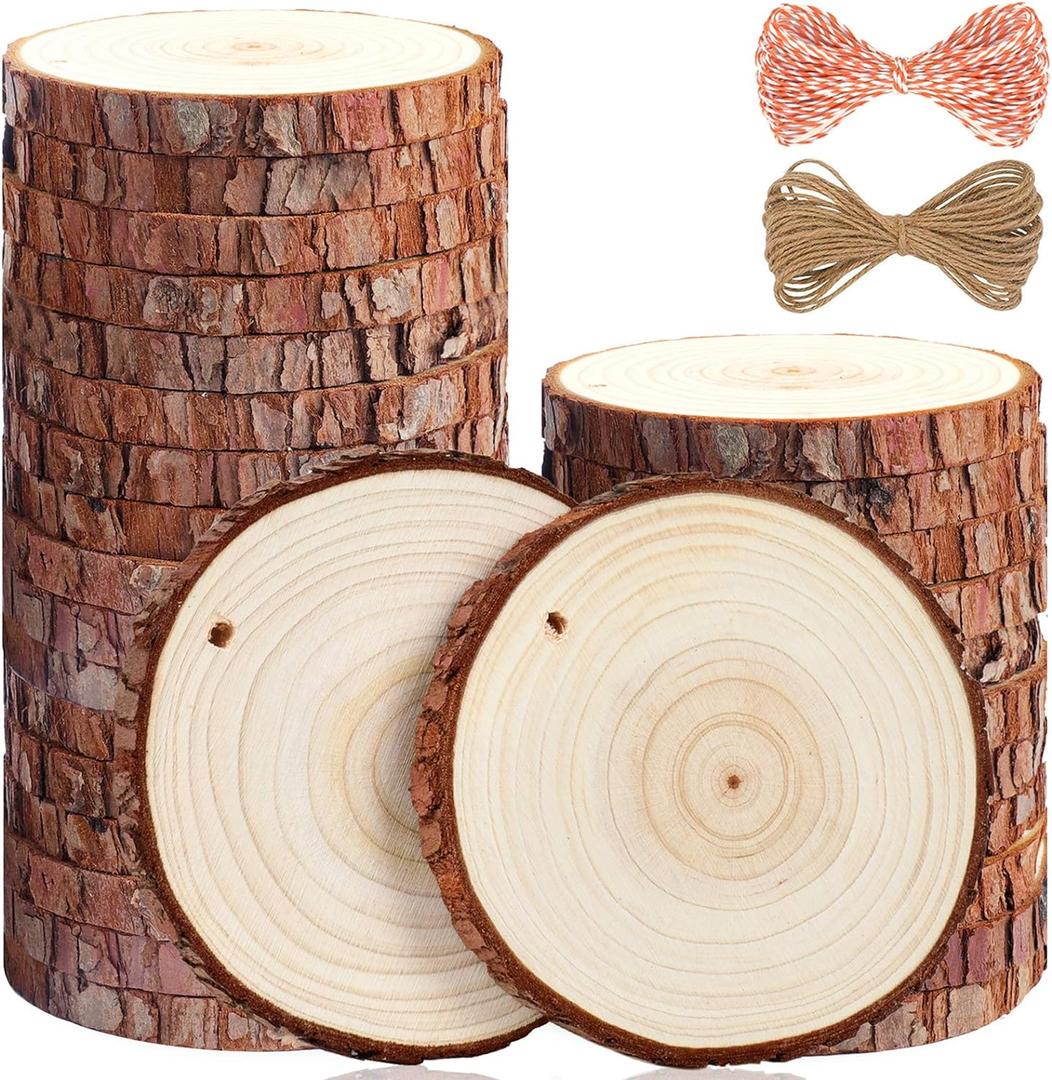 5ARTH Natural Wood Slices - 30 Pcs 3.5-4 Inches Craft Unfinished Wood kit Predrilled with Hole Wooden Circles for Arts Wood Slices Christmas Ornaments DIY Crafts