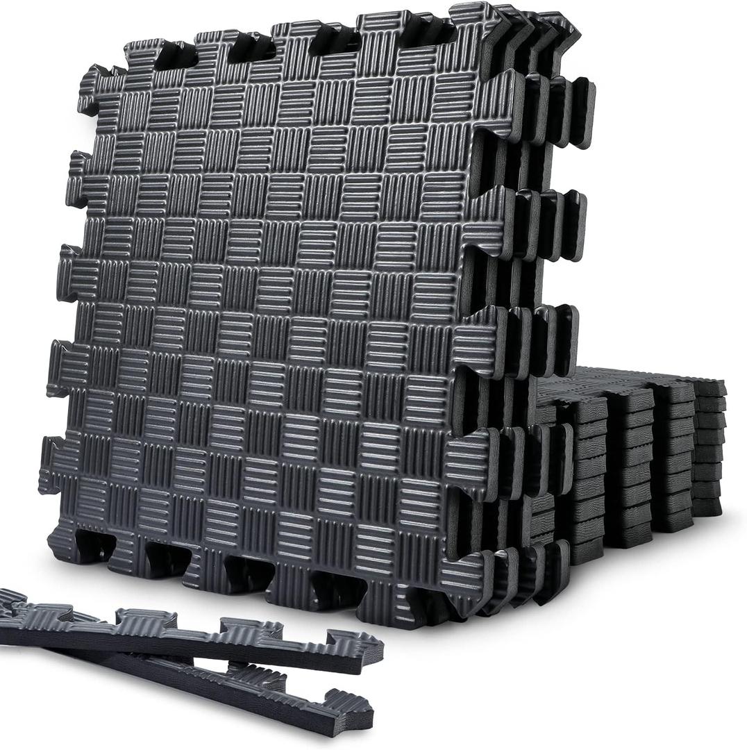 Gym Flooring Puzzle Exercise Mats: Sportneer 1/2" Thick 12" x 12" Interlocking Floor Mats EVA Foam Exercise Tiles for Home Gym Fitness Equipments with Border Waterproof Workout Anti-Slip Mat 12 Sqft/17.4 Sqft (Black)