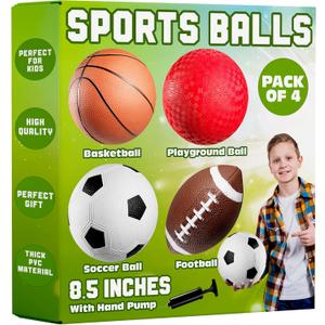 Sports Ball Set (4 Pack) - Rainbow Mini Basketball, Soccer, Football & Playground Balls w/Hand Pump - Fun Indoor Outdoor Toys for Toddlers, Little Kids, Preschoolers & Early Play (8.5 Inch - Pack of 4)
