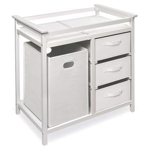 Badger Basket Modern Baby Changing Table - Nursery Furniture with Laundry Hamper and 3 Storage Drawers - Diaper Changing Station with Safety Belt, Changing Pad, and Organizer Baskets - White/White
