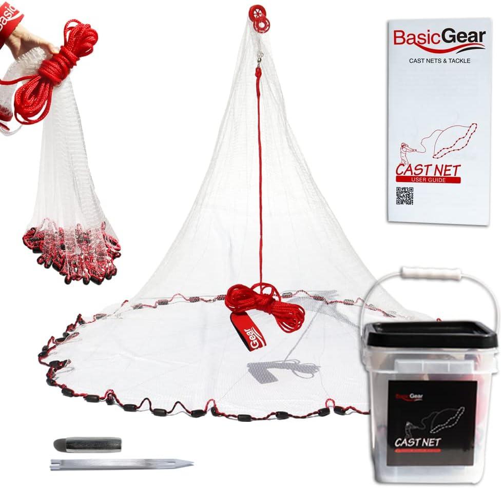 BasicGear Cast Net | 3ft-12ft Radius, 3/8 or 1/4 inch Mesh for Freshwater and Saltwater Bait Fish| Professional Grade and Upgraded Material | Throw Style