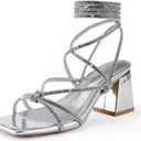 Shoe'N Tale Lace Up Heels for Women Ankle Strappy Gladiator High Heeled Sandals Chunky Block Heel Square Open Toe Criss Cross Dress Shoes (8.5, Silver)
