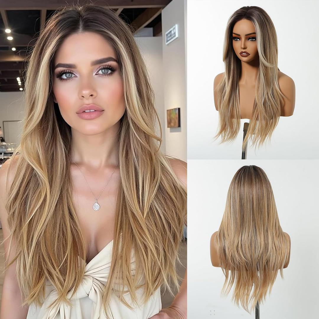 testar Long Straight Ombre Blonde Wigs for White Women Dark Brown to Blonde Highlights Silky Hair Synthetic Middle Part Wigs for Daily Use Lace Closure Natural Hairline 26 IN