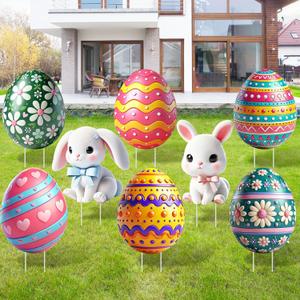 DoubleFill 8 Sets Easter Decorations Outdoor Yard Signs Cute Eggs and Rabbits Signs Easter Bunny Eggs Garden Stakes Spring Lawn Sign Decor for Family Outside Spring Party Supplies