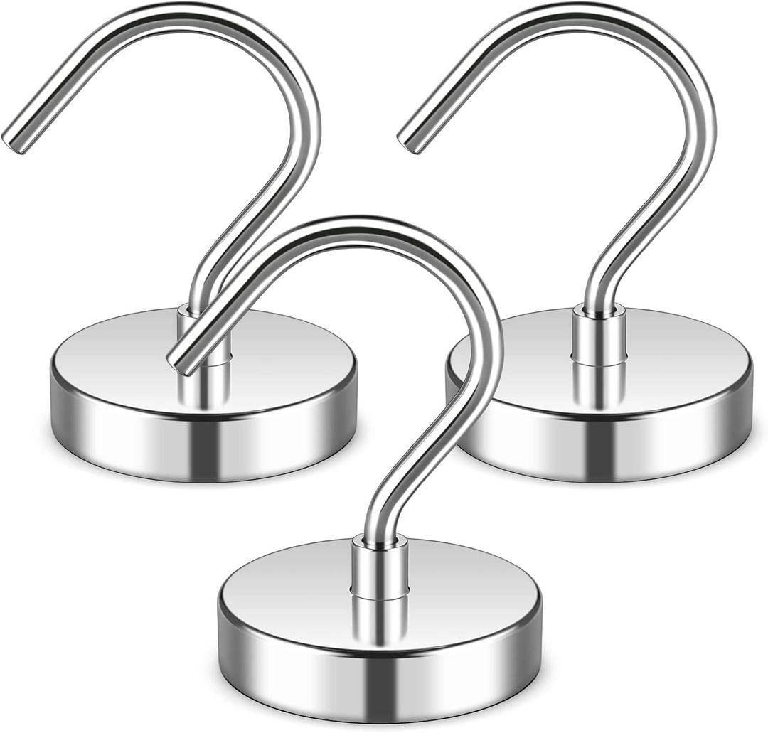 3 Pack Magnetic Hooks Large Opening, 60LBS Neodymium Magnet Hooks Heavy Duty, Strong Magnetic Hooks for Hanging, Magnet with Hooks for Cruise Cabins, Fridge, Classroom, Locker, Office