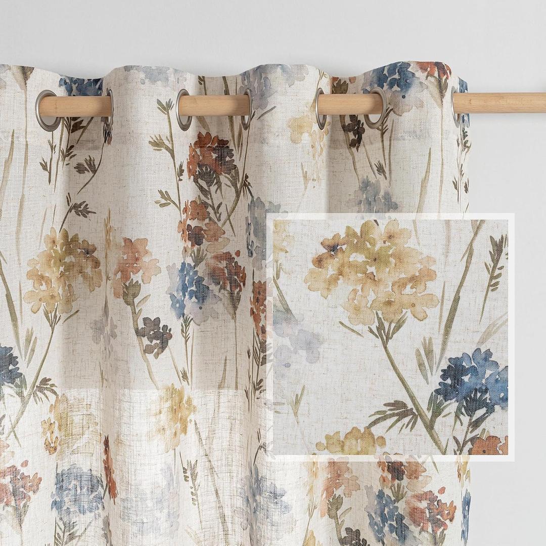 MYSKY HOME Floral Linen Curtains 84 inch Length 2 Panels Set Spring Flower Patterned Semi Sheer Light Filtering Privacy Farmhouse Grommet Drapes for Living/Dining Room, Yellow, W52 x L84, Pack-2