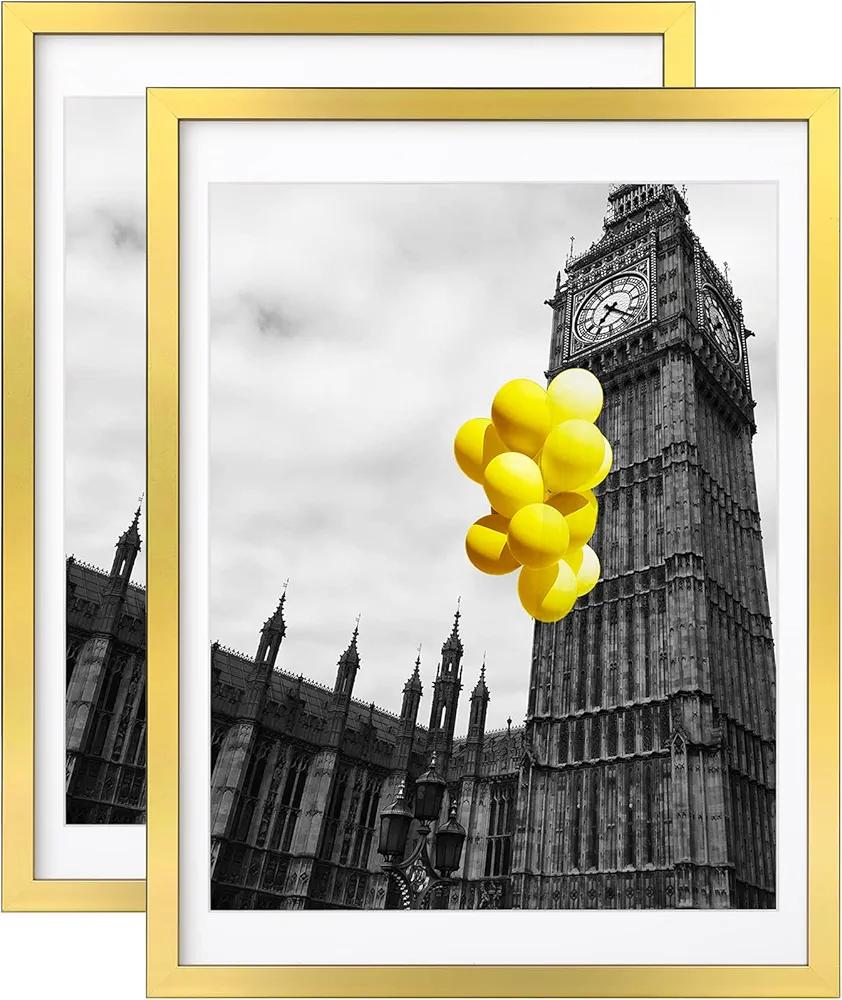 12x16 Picture Frames Set of 2 with Plexiglass, Display Pictures 11x14 with Mat or 12x16 Without Mat for Tabletop Display and Wall Mounting，Gold