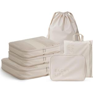 EACHY 6 Set Compression Packing Cubes for Travel & Carry-On, Space-Saving Luggage Organizers & Compression Bags for Clothes & Shoes, Ideal for Vacation & Cruise Essentials (Large, AA-Beige)