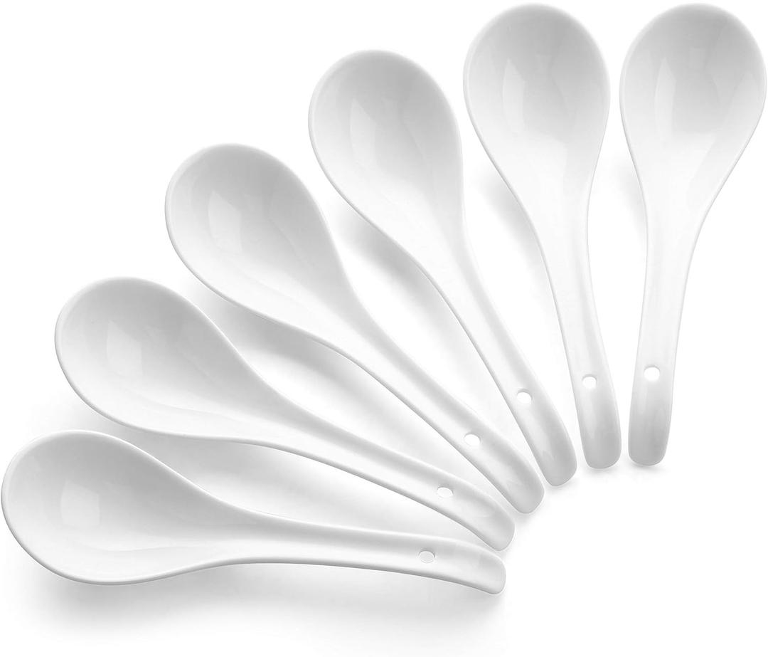 DOWAN Soup Spoons Set of 6, Ceramic Chinese Soup Spoon, Asian Soup Spoons, White Japanese Spoon Large for Ramen Pho Wonton Dumpling Miso, Deep Oval Hook Design(Soft White)