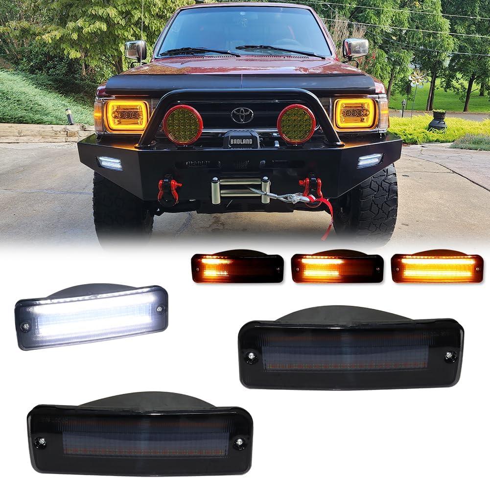 for 1989 1990 1991 1992 1993 1994 1995 Toyota Pickup 2/4WD, 1990 1991 4Runner Front Bumper Turn Signal DRL Daytime Light Smoked Lens Amber & White LED TO2520105 TO2521107