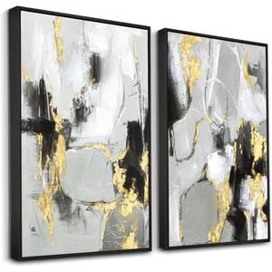 Zessonic Black and Gold Abstract Wall -Art Decor- 2 Pack 16 x 24 inches Black and White Canvas Wall Decor with Gold Foil for Living Room, Bedroom, Office, Framed, Ready to Hang (16" x 24" x 2 Panels Framed, Black and Gold Dialogue - A)