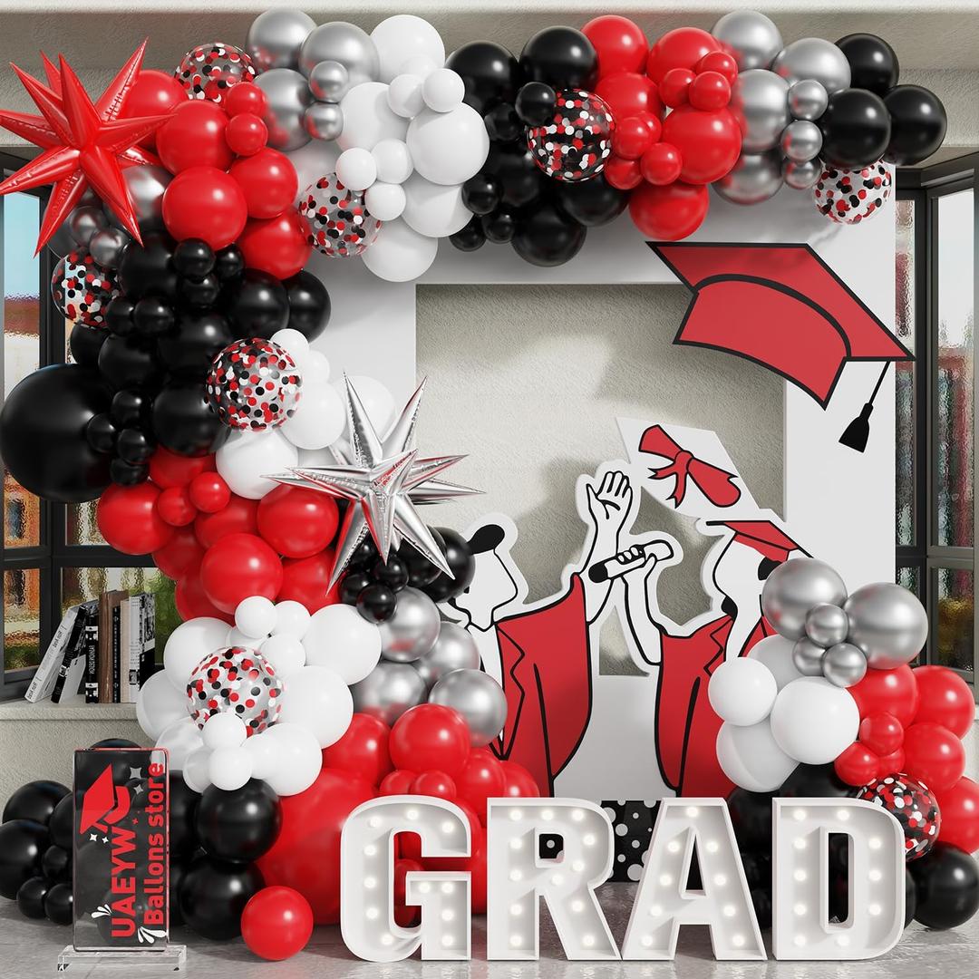 139Pcs Red and Black Balloon Arch Garland Kit for Graduation Party Decorations,Red Black White Silver Confetti Explosion Star Balloons for Class of 2026 Congrats Grad Celebrations Birthday Supplies