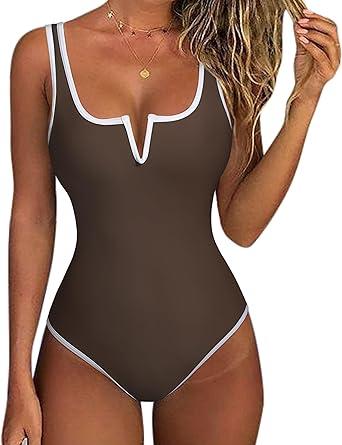 SUUKSESS Women One Piece Tummy Control Swimsuit Sexy Color Block Bathing Suit, Medium