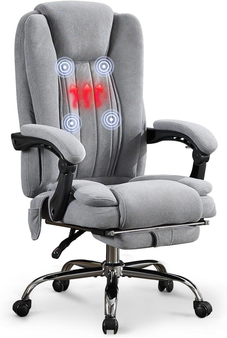 Big and Tall Massage Office Chair  500 lbs Capacity, Reclining, Heated, 6 Vibration Points, Adjustable Footrest, PU Leather Executive Desk Chair (Grey)
