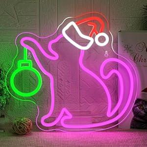 FAXFSIGN Christmas Cat Neon Sign Merry Christmas Led Neon Lights for Wall Decor Light Up Signs for Home Holiday Party Decorations Family Kids Gifts