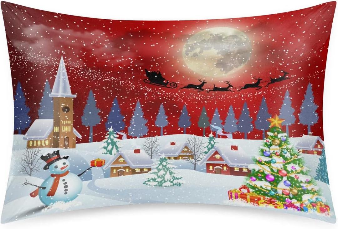 Red Christmas Landscape Satin Pillowcase for Hair and Skin, Snowman Xmas Tree Smooth Silk Pillow Covers for Sleeping Breathable Satin Pillow Case with Zipper (20"x30", Queen Size)
