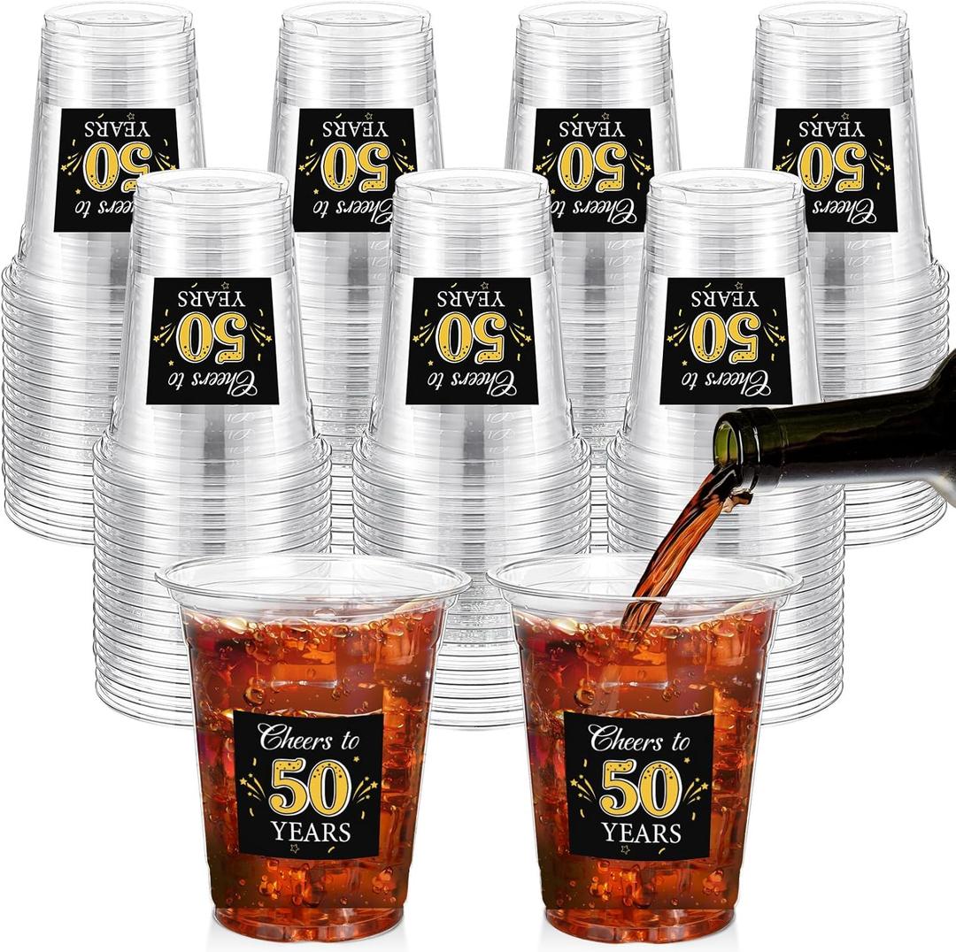 Funnymoom 100 Pack 50th Birthday Cup 12 oz Cheers to 50 Years Happy Birthday Disposable Clear Plastic Cups for Him Men Women Wedding Anniversary Decorations Party Favors