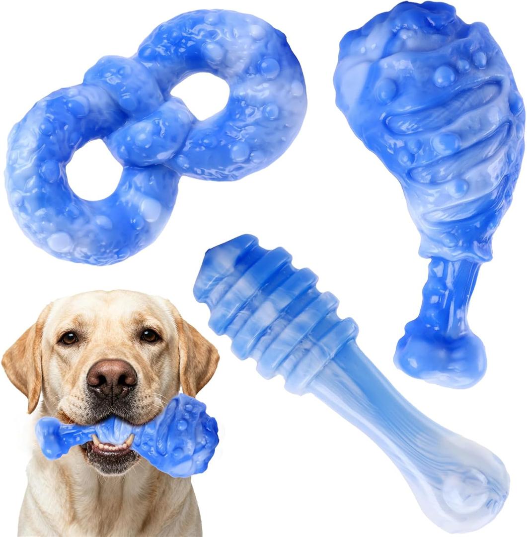 WinTour Indestructible Dog Toys for Aggressive Chewers 3 Pack, Tough Dog Toys for Medium and Large Dogs, Durable Dog Chew Toys for Aggressive Chewers to Keep Them Busy, Bacon Flavor, Blue