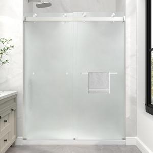 KPUY Frameless Sliding Frosted Bathtub Door 55-60" x 60", Brushed Nickel