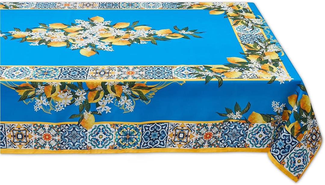 YiHomer Provence Blue Lemon Mediterranean Tile Tabletop for Spring Summer Decorations, Picnics and Dinner Parties - Indoor Outdoor, Stain and Water Resistant, Tablecloth, 52 x 70 Rectangle