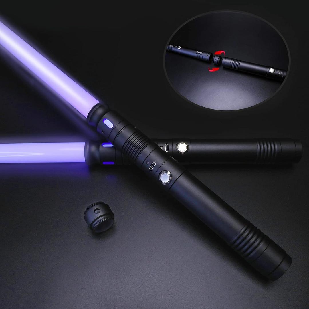 2 Pack Rechargeable Lightsabers with Connector, Metal Hilt Light Sabers, Durable PC Blade, USB Charging, Combine into Double Staff, 12 Colors LED, Sound Effects, Dueling Toys for Kids Adults, Gifts
