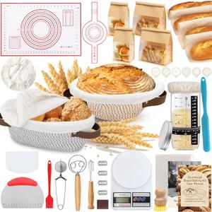 Aliggbent 38Pcs Sourdough Bread Baking Supplies  11'' Oval & 10'' Round Cotton Rope Banneton Bread Proofing Baskets with Liners & Covers, Sourdough Starter Jar Kit, Scale, Bags & Bread Making Tools