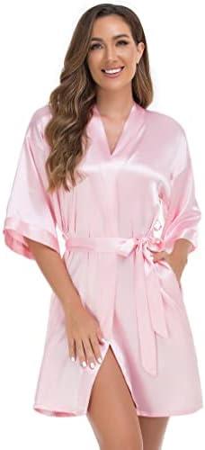 VOGUEMAX Women's Short Kimono Robe Silky Satin Bathrobe Bride Bridesmaids Getting Ready Sleepwear Soft Nightgown, M