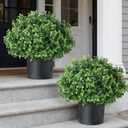 Set of 2 Artificial Boxwood Topiary Ball Trees for Front Door - Realistic Faux Aglaia Odorata Bush with Pot, Fake Eucalyptus Leaves Potted Plants for Porch Farmhouse Outdoor Decor (Green)
