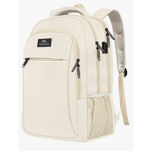 MATEIN Beige Laptop Backpack 15.6 Inch, Lightweight Sturdy Bag for College Supplies with USB Charging Port, Water Resistant Anti Theft Travel Computer Daypack Fashion Work Nurse Bag Gift for Women