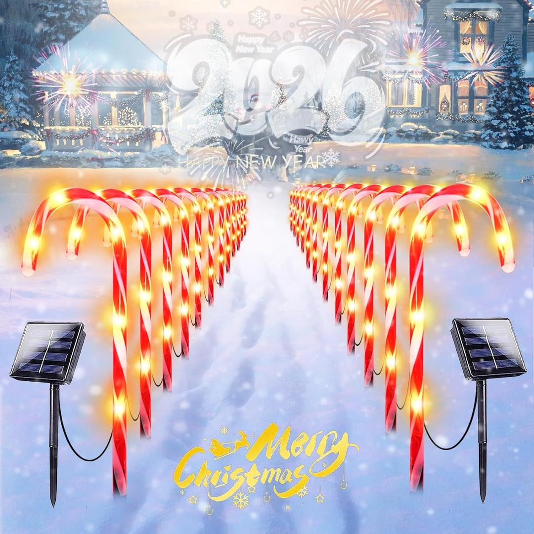IDEAALS 24-Pack Solar Christmas Candy Cane Lights, Solar Pathway Lights Waterproof, Christmas Decorations Outdoor with 8 Modes for Party Patio Garden Lawn Yard Decor
