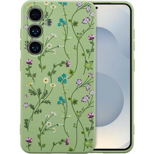 RALEAVO Case for Samsung Galaxy S24,Cute Floral Cover with Flower Branch Pattern Liquid Silicone Phone Cover for Girls Women Slim Soft Rubber Protective for S24 Phone Case,Green