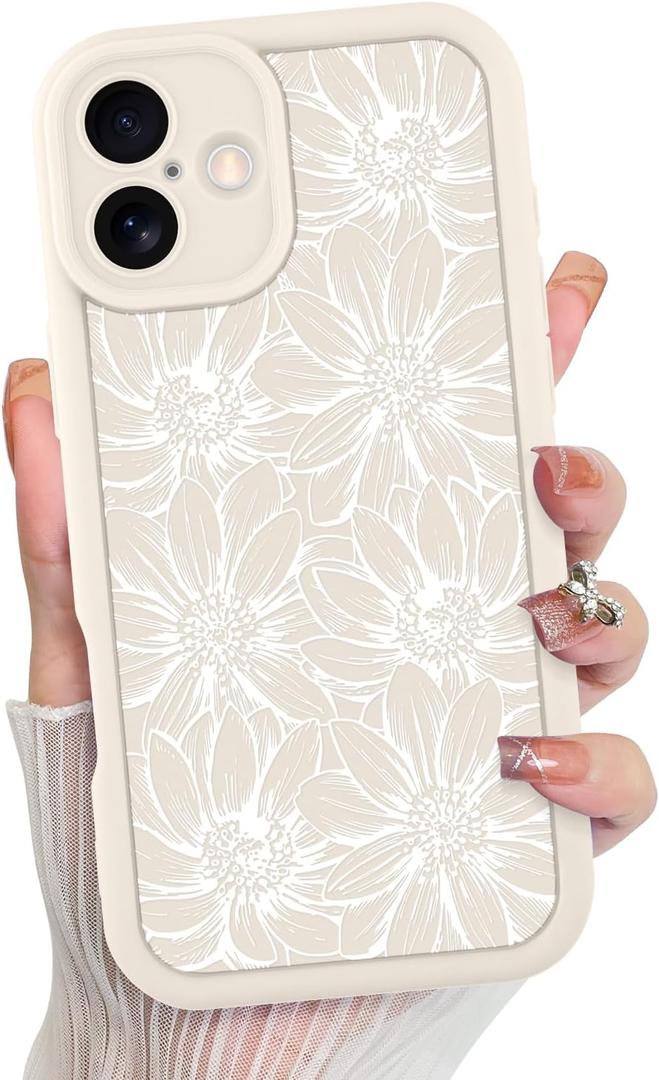 MZELQ for iPhone 16 Plus Case, Silicone Sunflower Floral Flower Cute Pattern, Camera Protection Soft Slim Shockproof for Girls Women -White