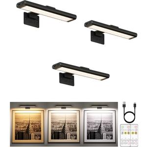 EZVALO Picture Light for Wall, Rechargeable 2400mAh Battery Lights Wireless with IR Remote, 3 Color & Dimmable Magnetic 7.8'' LED Lights Display for Painting, Living Room, Gallery, Bedroom(Black-3P)