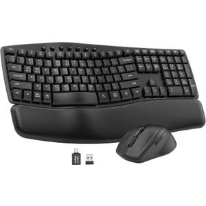 Ergonomic Wireless Keyboard and Mouse Combo, 30dB Quiet Full Size Keyboard Set with Wave Keys & Soft Palm Rest, Dual-System Switch for Windows/Mac, Ideal for Business Teams Home OfficeSablute (Black)