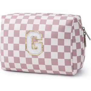 Narwey Birthday Gifts for Teen Girls Kids Women Personalized Initial Checkered Makeup Bag Pink Monogram Cosmetic Bag Trendy Stuff 6 8 10 11 12 13 14 16 18 Years Old Travel Toiletry Bag (Dusty Rose G)