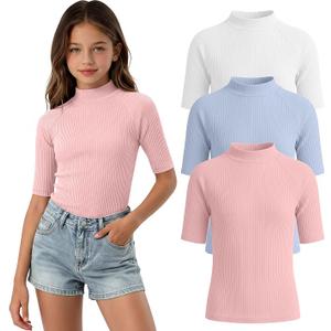3 Pack Girls' Shirts Teen Summer Tops Mock Turtleneck Slim Fit Ribbed Half Sleeve Fashion Tees Kids Clothes Trendy