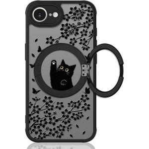 Cute Case for iPhone 17e & 16e Case with Stand [ Compatible with MagSafe ] Kawaii Black Cat & Floral & Butterflies Pattern Design 360 Magnetic Ring Kickstand Phone Cover for Women Girls Boys