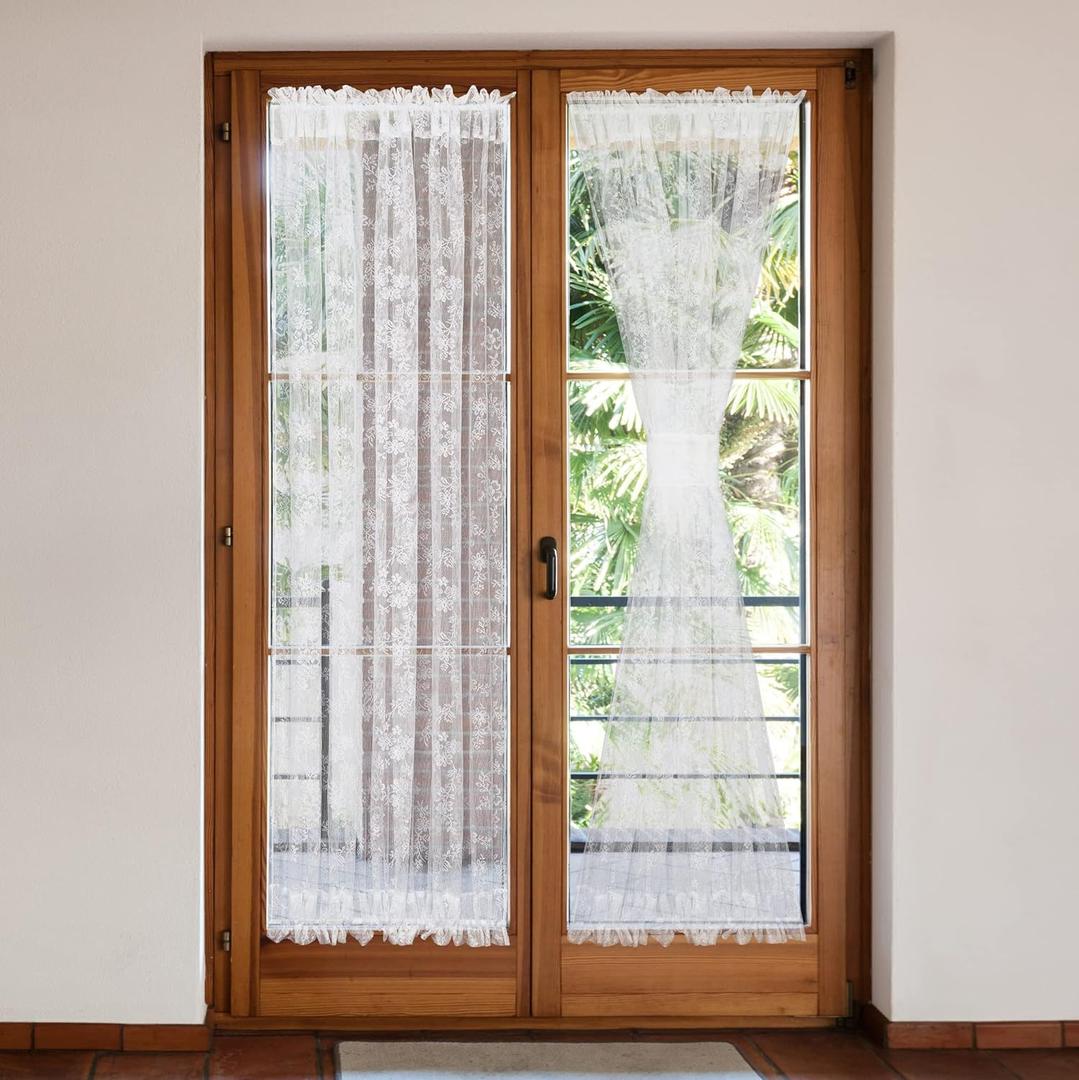 Semi Sheer French Door Curtain 72 Inches Sidelight Privacy Voile Curtains for Living Room Sliding Door with Bonus Tiebacks, 2 Pieces White