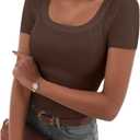 Ribbed Short Sleeve Shirts for Women, Scoop Neck Fitted Womens Short Sleeve Tops Casual Basic Tshirt Trendy Outfits (Medium, Coffee)