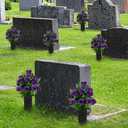Artificial Cemetery Flowers, Grave Memorial Flowers, Set of 2 Artificial Rose Bouquet with Vase for Cemetery Headstones Gravesites Decoration (Purple)