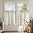 jinchan Linen Kitchen Curtains 24 Inch Length Striped Tier Curtains Ticking Stripe Small Drapes for Living Room Bathroom Cafe Small Window Farmhouse Rustic Pinstripe Rod Pocket 2 Panels Taupe